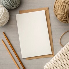 Blank White Card and Envelope with Knitting Supplies