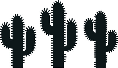 Three Cactus Plants Silhouette Isolated on White Background for Desert or Southwestern Theme