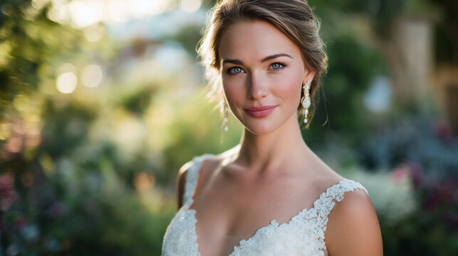 Elegant bride in a white dress in a garden setting