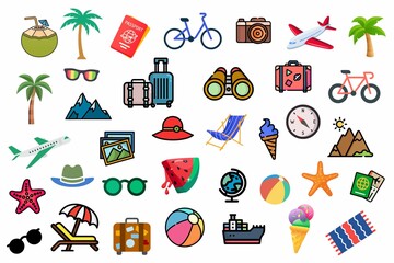 Set of travel icons, summer icons set, set of travel icons, 3d Set of Summer items realistic render vector icon, travel, sea side, beach, summer vacations