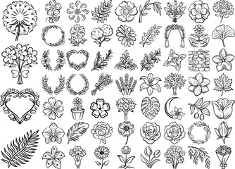 Fototapeta premium Hand drawn floral illustrations, leaves, bouquets, and wreaths for decoration and design