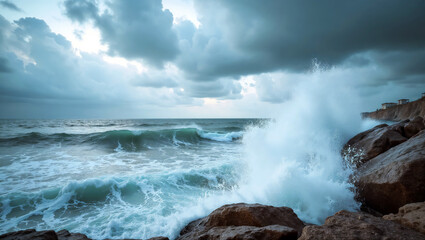 Ocean waves with dramatic mood crashing against rocky shore under cloudy skies
