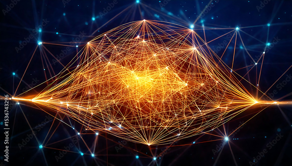 Poster stunning abstract image depicting a complex network of interconnected nodes, glowing with vibrant or
