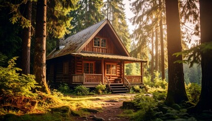 Captivating vintage poster of a charming cabin in the woods embraced by lush natural scenery
