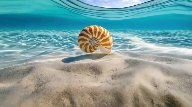 Nautilus shell on sandy ocean floor with turquoise water and sky. Underwater view with rippled water surface and sunlit seabed, perfect for travel, ocean, and summer themes.