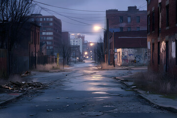 Dimly Lit Urban Street Depicting Economic Hardship  