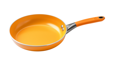 A bright orange frying pan with a silver handle and rivets on a black background space isolated on transparent background