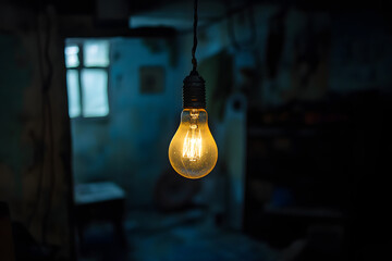 Sparse and Dim Living Space with Lone Light Bulb Depict Poverty  