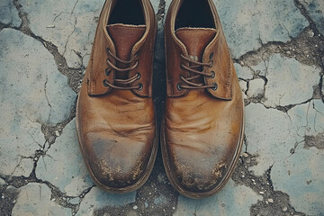 Old Worn Shoes on Pavement - a Subtle Indicator of Hardship  