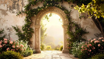 Fototapeta premium Scenic garden featuring a stone path leading to a doorway framed by beautiful foliage