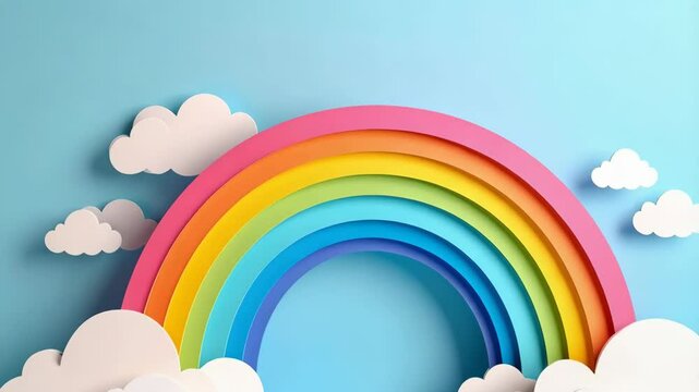 Colorful rainbow with pastel cloud shapes on light blue background, vibrant paper art installation, whimsical and cheerful background for kids