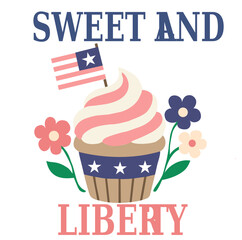 Cute patriotic cupcake illustration with red and white swirl frosting, American flag topper, and “Sweet Land Liberty” text, surrounded by cheerful flowers.