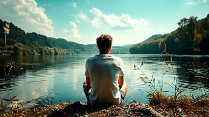 Man sitting on the shore of a lake surrounded by a forest, enjoying the tranquility and beauty of nature. Useful for advertising tourist services, meditation apps and environmental projects.
