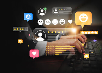 Rating and Reviews feedback concept with man typing on the keyboard side view background. Business, feedback, futuristic, comments, stars