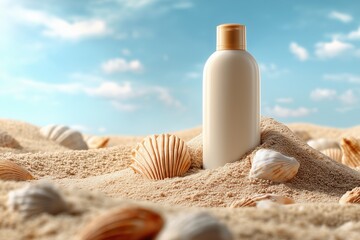 Fototapeta na wymiar A close-up of a sunscreen bottle on sandy beach with seashells and a clear blue sky in the background, evoking a sense of summer relaxation and tropical vacation.