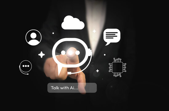 Talking with Artificial intelligence concept background, touching, floating cloud, message, ai, ai chatbot - Powered by Adobe