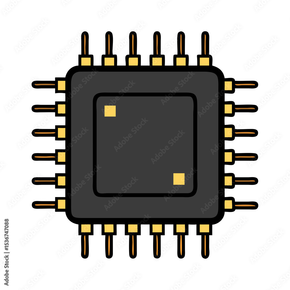 Aufkleber microchip design showcasing a silicon processor with gold pins in a simplified illustration format