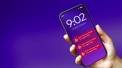 Auto backup failure notification appearing on the smartphone screen, 4k footage