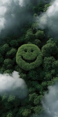 Aerial view of smiley face shaped forest among clouds in lush greenery