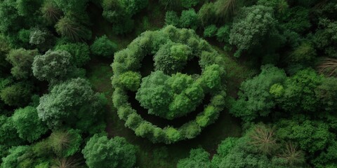Spiral tree formation in lush green forest aerial view