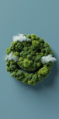 Smiley face forest in the sky with cloud accents on a peaceful blue background