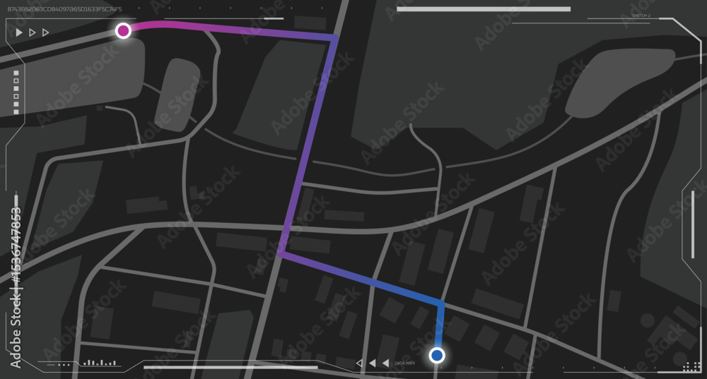 Poster city map navigation gray monochrome view with neon color route. top view, view from above on route w