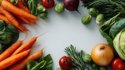 Fresh vegetables including carrots, tomatoes, and cabbage artistically arranged on a white table, perfect for representing healthy eating and organic food in a visually appealing way.