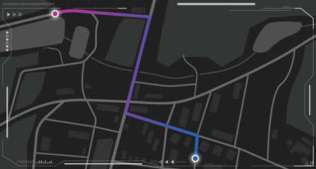 City map navigation gray monochrome view with neon color route. Top view, view from above on route with futuristic UI overlay. Simple realistic map design with small town, houses and interface.