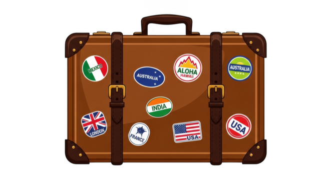 Welltraveled suitcase with global stickers