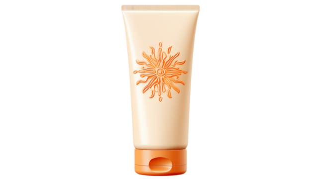 Close up of a beige tube with orange sun design and orange cap against a black background isolated on transparent background - Powered by Adobe