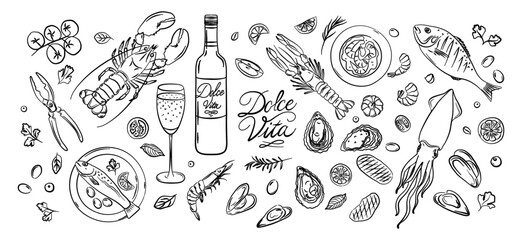 Dolce Vita seafood vector set. Hand-drawn fish, shrimp, squid, oysters, herbs, lemon, and wine. Perfect for Mediterranean menus, cookbooks, and food packaging.