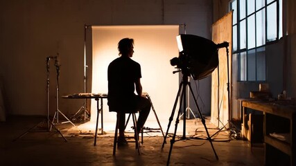 Photographer Capturing Art in Dimly Lit Studio Space