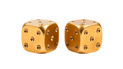 Two golden dice with visible dots on each face against a black background in studio shot isolated on transparent background