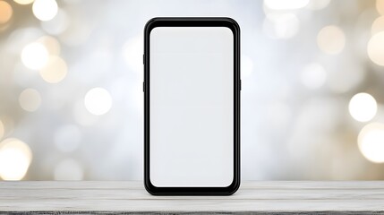 Blank Smartphone Screen on Wooden Table with Bokeh Background