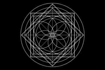 Sacred Geometry symbol. Logo icon Geometric mystic mandala of alchemy esoteric Flower of Life. Mystical lotus of fortune, white vector tattoo divine meditative amulet isolated on black background