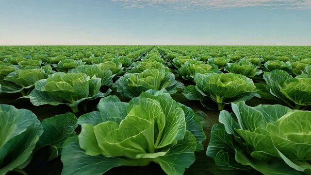 Lush Green Lettuce Fields Under Clear Blue Sky in Agricultural Landscape with Rows of Vegetables