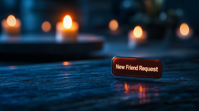 A warm ambiance with candles highlights a digital 'New Friend Request' notification on a rustic wooden table.