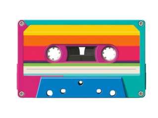 Retro audio cassette tape featuring vibrant rainbow stripes for music playback, a nostalgic symbol of eighties and nineties technology