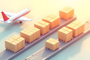 Parcel boxes, wooden boxes, wooden crates on conveyor belts, transport for airplanes