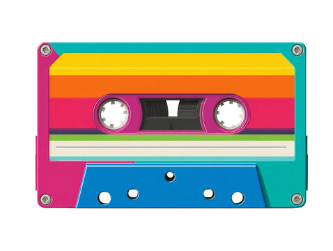 Retro audio cassette tape featuring vibrant rainbow stripes for music playback, a nostalgic symbol of eighties and nineties technology