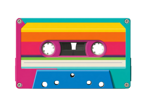  Retro audio cassette tape featuring vibrant rainbow stripes for music playback, a nostalgic symbol of eighties and nineties technology