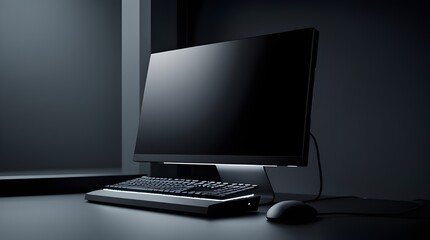 Realistic mockup of laptop with blank screens on modern office desk in bright daylight
