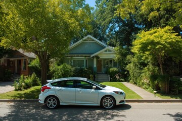 Awhite car parked in front of a house