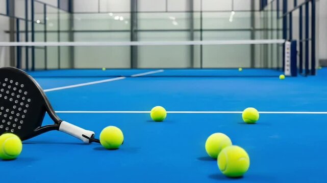 Paddle tennis and padel tennis racket with balls on indoor blue court under artificial lighting

