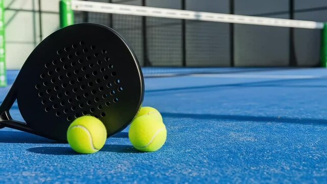 Paddle tennis and padel tennis practice equipment arranged indoors with vibrant lighting and clean court