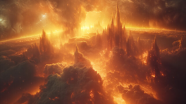Infernal Citadel in a Sea of Fire. Towering spires rise from a blazing, cloud-filled abyss beneath a burning sky. Perfect for fantasy worldbuilding, apocalyptic realms, or epic sci-fi environments.