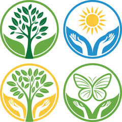 Nature conservation logos tree sun butterfly hands