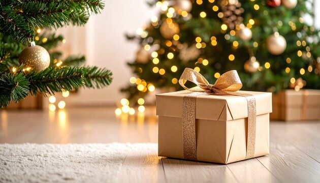 Beautifully wrapped christmas gift box placed underneath a lit christmas tree glowing bright