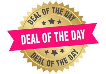 deal of the day. deal of the day round pink and gold label isolated on transparent background