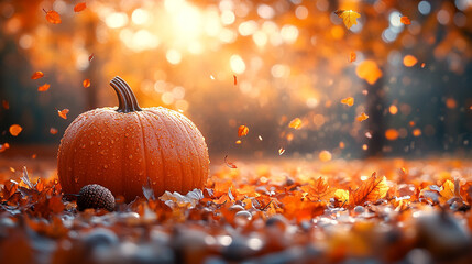 Vibrant orange pumpkin surrounded by autumn leaves in a park with sunlight.